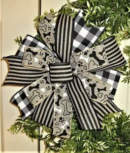 DOG BOW 9 " X 11 " BLACK & TAN WIRED RIBBON for DOOR WREATH GARLAND POST # 173 - Picture 1 of 2