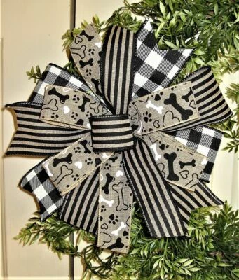 СОБАЧИЙ БАНТ 9 «X 11» ЧЕРНАЯ И ЖЕЛТОВАТО-КОРИЧНЕВАЯ ПРОВОДНАЯ ЛЕНТА для ДВЕРНОГО ВЕНКА ГИРЛЯНДЫ POST # 173 - Изображение 1 из 2