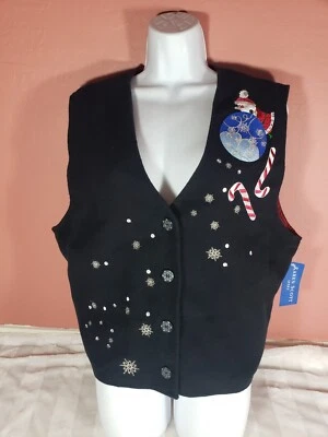 Chaleco Karen Scott Mujer XL Azul Marino Bordado Fieltro Navidad Papá Noel Forrado en Nieve Foto 1 de 4