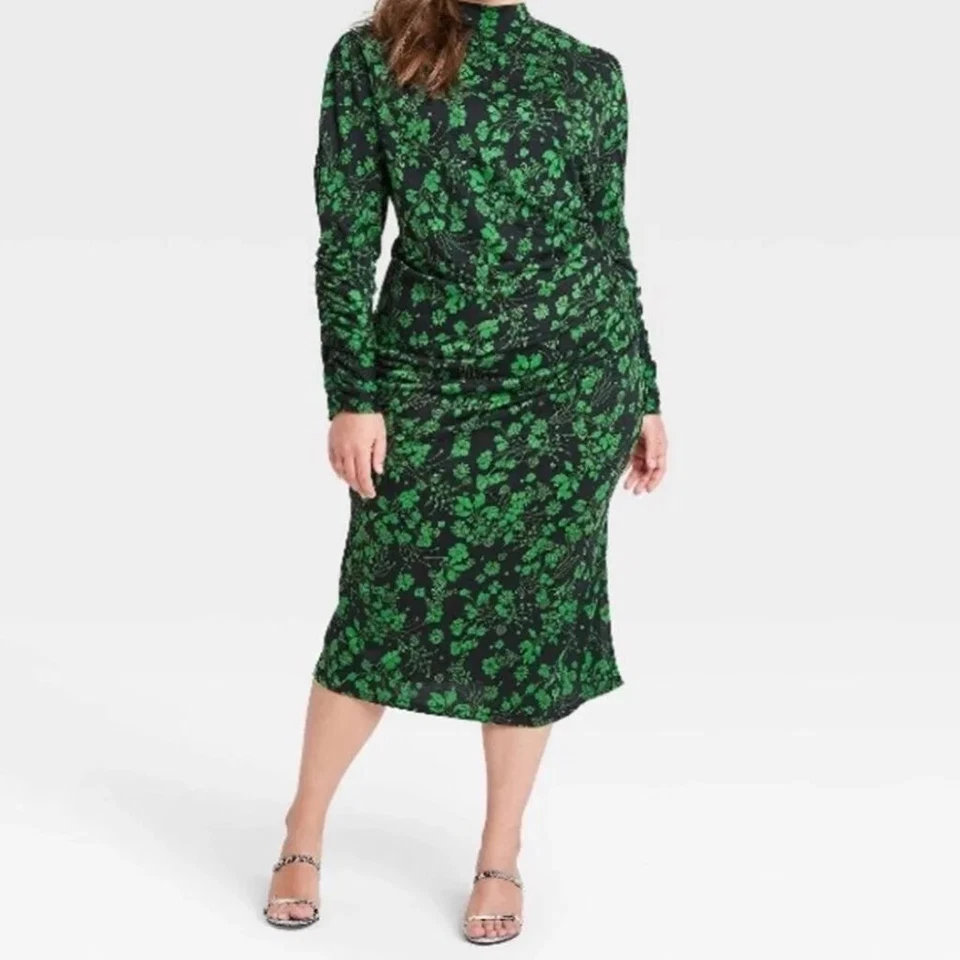 Who What Wear Dress Long Sleeve Green XXL Midnight Foilage XXL Black a Line