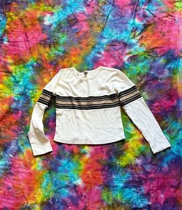 Vintage 90s Y2K PANDORA Beige Brown Skater Long Sleeve Striped Shirt Girl MED - Picture 1 of 5