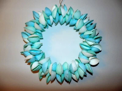 12" BLUE & WHITE REAL ARK SEA SHELLS TIED TO A RING WREATH, TROPICAL BEACH DECOR - Image 1 of 4