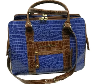 Samantha Brown Embossed Crocodile Print Blue Brown Weekender Briefcase Bag - Picture 1 of 12