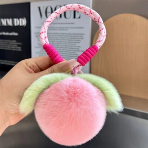Real Rabbit /Rex Fur Juicy Peach Keychain Pompom Ball Bag Car Phone Pendant Gift - Picture 1 of 12