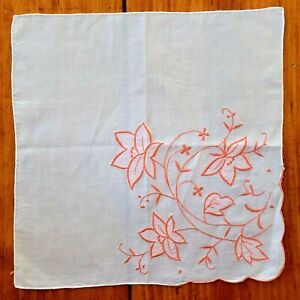 Vintage Linen Handkerchief Madeira Style Orange Embroidered Hand Rolled Hankie