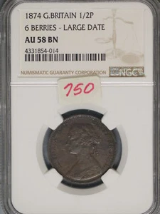 Great Britain 1874 1/2 Penny K-754 NGC AU58 BN 6 BERRIES LRG DATE - Picture 1 of 2
