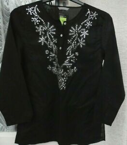 7553.  Marks & Spencer - Size 12 - Black Long Sleeve Sequined Cotton Top BNWT