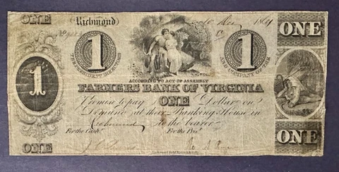 1861 Farmers Bank of Virginia $1 Note Obsolete Note, Richmond, VA Cover