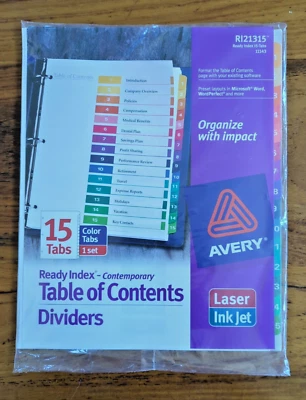 AVERY READY INDEX TABLE OF CONTENTS DIVIDERS 15 Color Tabs RI21315 BRAND NEW - Image 1 of 2