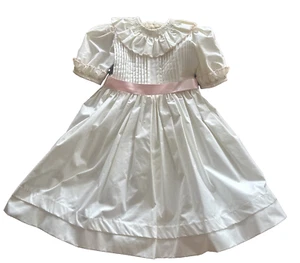 Vintage Le Crispine Girls White Party Dress Pink Bow Sz 6 Pleated Smocked Cotton - Picture 1 of 13