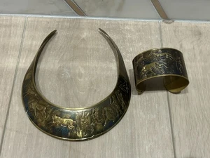 Vintage Brass/metal? Matching Choker And Bracelet Prehistoric Hunters Animal - Picture 1 of 11