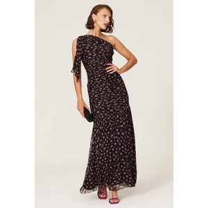 SHOSHANNA Vivine Tossed Rose Black Chiffon A-Line One Shoulder Gown Size 8 - Picture 1 of 15