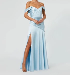 Nuevo con etiquetas Vestido cruzado Ieena para Mac Duggal azul satinado fuera del hombro 56037 talla 6 - Imagen 1 de 19