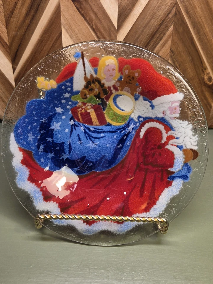 Peggy Karr Fused Glass Christmas Bowl  Santa Toy Sack Signed  - Image 1 of 4