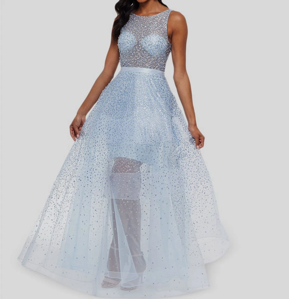 Betsy & Adam Womens Elsa Blue Beaded Glitter Formal Dress Gown 4 BHFO 0554