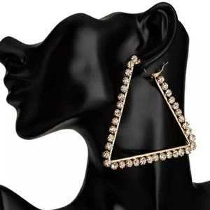 Gold Rhinestone Crystal Triangle Hoop Earrings - Picture 1 of 8