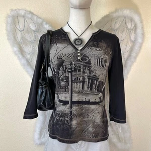 Y2k girly grunge graphic rhinestone top 90s faded steampunk bling Dark Fairy - Picture 1 of 8