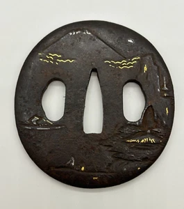 Iron Tsuba with Damascene Gold and Silver Landscape - Picture 1 of 4