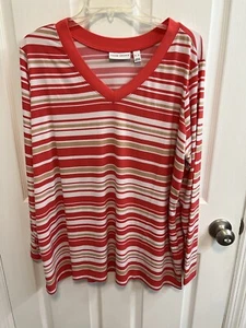 Susan Graver XL Striped Coral Tan White V-Neck Top Stretch Long Sleeve New - Picture 1 of 11