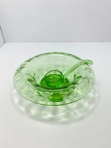 Uranium Vaseline Green Glass Dip Bowl with Ladle Etched Depression Bowl Vintage - Picture 1 of 23