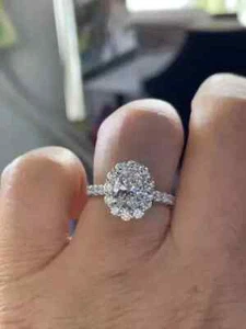 2Ct Oval Cut Lab Created Diamond Halo Engagement Ring In 14K White Gold Plated - Picture 1 of 8