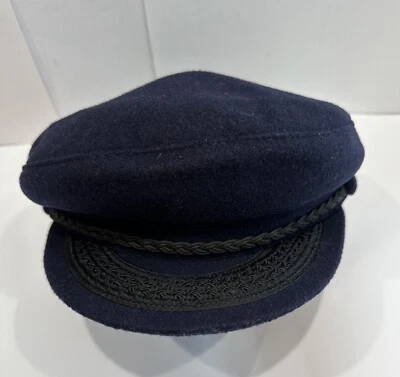 Young An 复古男式海军蓝羊毛混纺小提琴帽希腊渔夫帽子 Med A+ — 第 1/4 张图片