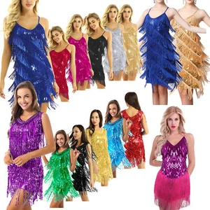 FEESHOW Women Salsa Latin Dance Dress Sequin Tassel Fringe Flapper Dress AU - Picture 1 of 297
