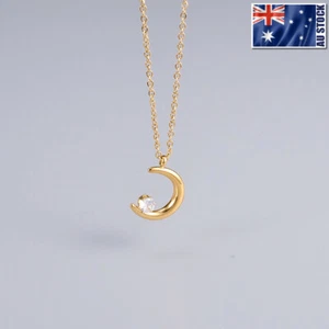 18K Yellow Gold Plated Moon Crescent Star Pendant Charm Necklace Woman's Gift - Picture 1 of 7