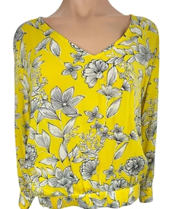 A New Day Pullover Top Size XL Yellow w Black & White Flowers Rayon 3/4 Sleeve - Picture 1 of 5
