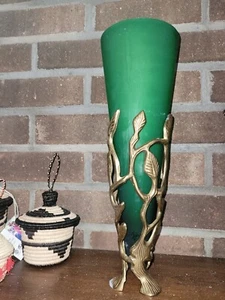Green Frosted Glass Vase in A Brass Stand - Picture 1 of 6