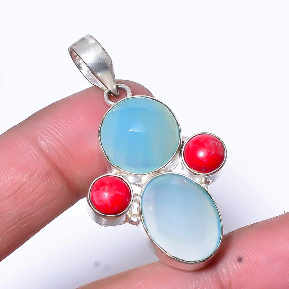 Chalcedony - 巴西和红色珊瑚手工 925 纯银吊坠 1.87 — 第 1/1 张图片