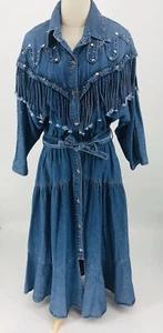 Vestido vaquero vintage con flecos estrás maxi grande azul 1980 vaquera - Imagen 1 de 10