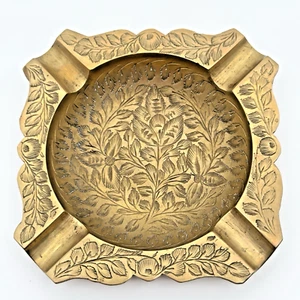 Vintage Brass Ashtray Trinket Dish Heavy Etched Floral Cigar Incense Nice Patina - Picture 1 of 6