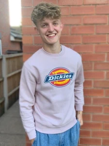 Dickies Pink Jumper Mens Small Retro Sweatshirt Printed Logo 90s Spellout - Picture 1 of 3