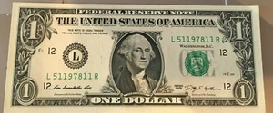 US $1 Dollar Bill 2003  L Series Serial Number L51197811R Uncirculated MINT - Picture 1 of 2