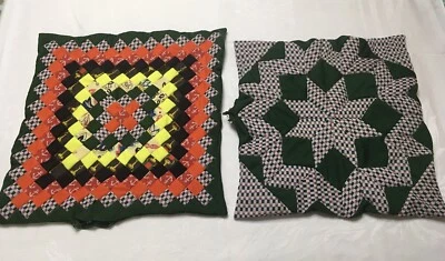 Vtg 2 Polyester Fabric Pieced Quilt Style Throw Pillow Cover 18"x18" Cottagecore - Image 1 of 4