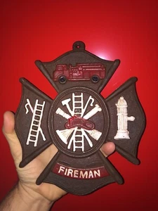 Feuerwehrmann Feuerwehrmann Rettung Gusseisen Schild Plakette Feuerwehrchef Malteserkreuz 2+ Pfund - Bild 1 von 7