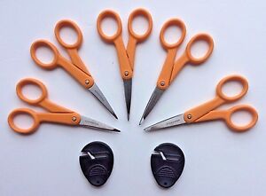 Lot of 5 Fiskars ORANGE 5" Micro-tip Precision Scissors + Sewsharp Sharpener NEW