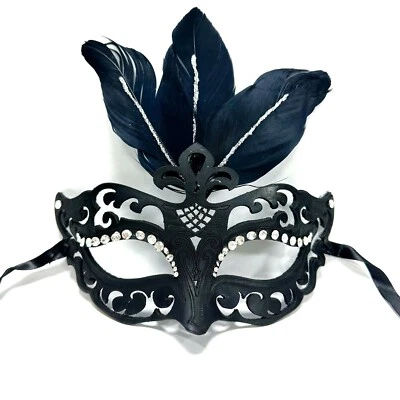 Ladies Masquerade Black Eyemask With Feather Fancy Dress Sequins 20s Halloween - Image 1 of 3