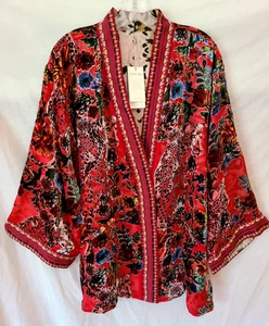 $550 JOHNNY WAS SZ XL MERHAWI REVERSIBLE SILK VELVET KIMONO BOBCAT FORREST RED - Picture 1 of 7