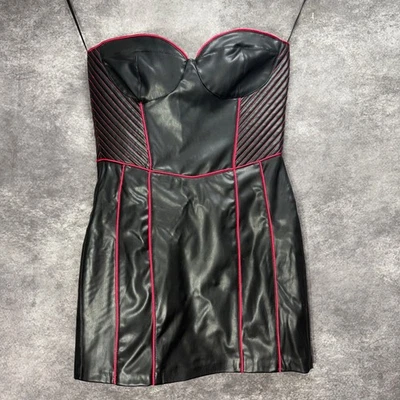 Zara Faux Leather Mini Dress Womens L Black Pink Corset Top Strapless Edgy - Image 1 of 4