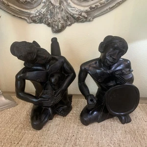 2 Vtg African Art Tribal Ebony Wood Seated Man Carved Statue Sculpture Makonde - Picture 1 of 15