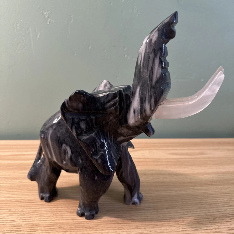 Black Onyx Marbled Hand Carved Elephant Figurine Statue Lucky Trunk Up 10x9”Hvy - Image 1 of 4