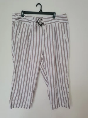 Pantalones Anthropologie A+ Talla 22W Mezcla de Lino Rayas Recortados Marrón Claro y Crema Foto 1 de 4
