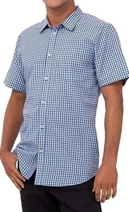 Chef Works Men's Modern Gingham Short Sleeve Dress Shirt Blue Large NWT NEW - Picture 1 of 3
