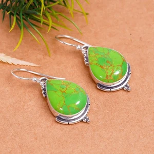 Copper Green Turquoise Gemstone 925 Sterling Silver Jewelry Earring - Picture 1 of 4
