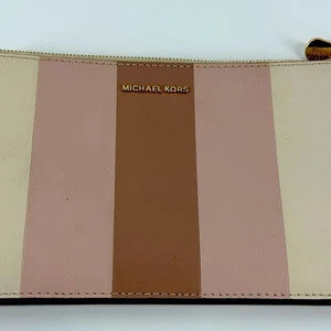 Michael Kors Daniela Stripe Wristlet Clutch Zip Pouch Neutral Pink Beige - Picture 1 of 8