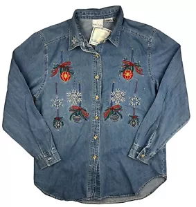 NWT Vtg Bobbie Brooks Denim Button Down Stitched Christmas Ornament Shirt Sz Med - Picture 1 of 8