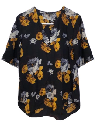 Blusa Theory Mujer 100% Seda S Negra/Marrón Floral Media Manga Cuello Redondo $268 Foto 1 de 4