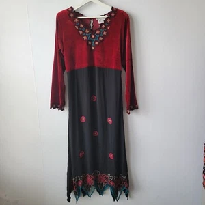 seventh avenue womens Red Velvet Floral Embroidered Boho v-neck Dress size L - Picture 1 of 8